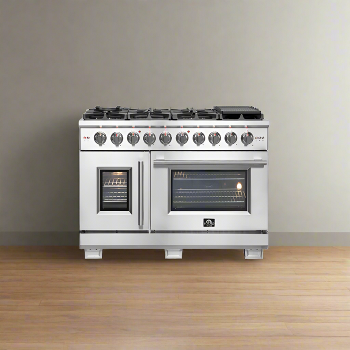 FORNO 48-Inch Capriasca Dual Fuel Range with 8 Gas Burners, 160,000 BTUs & French Door Electric Oven in Stainless Steel - FFSGS6387-48