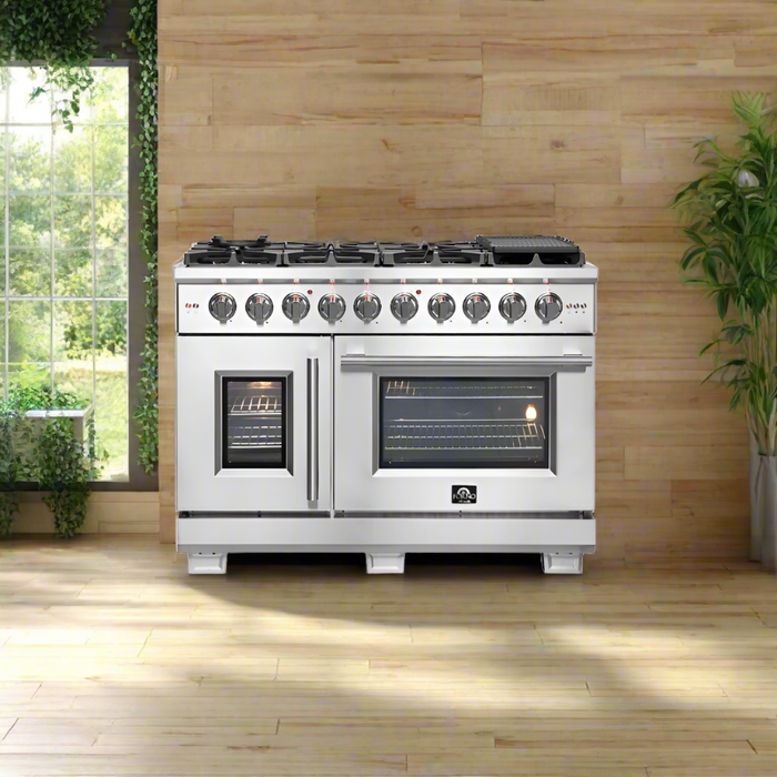 FORNO 48-Inch Capriasca Gas Range with 8 Burners, 160,000 BTUs, & French Door Gas Oven in Stainless Steel - FFSGS6460-48