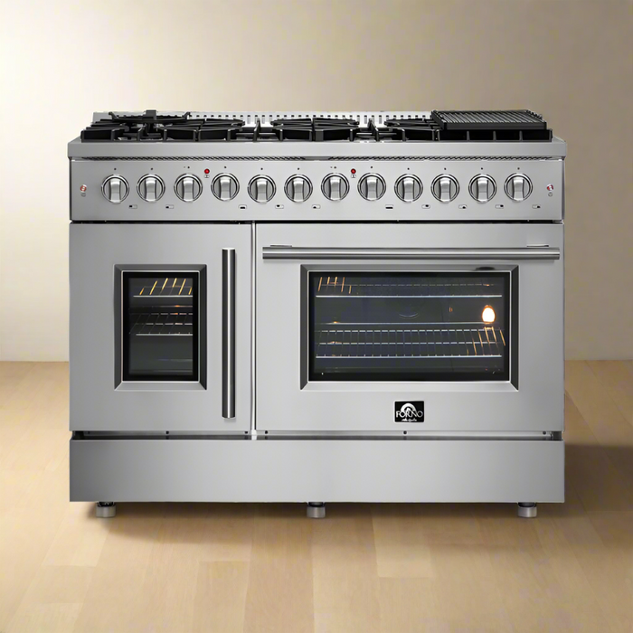 FORNO 48-Inch Galiano Dual Fuel Range with 8 Gas Burners, 107,000 BTUs, & French Door Electric Oven in Stainless Steel - FFSGS6356-48