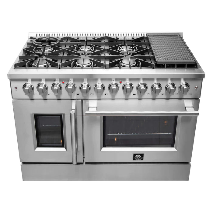 FORNO 48-Inch Galiano Dual Fuel Range with 8 Gas Burners, 107,000 BTUs, & French Door Electric Oven in Stainless Steel - FFSGS6356-48