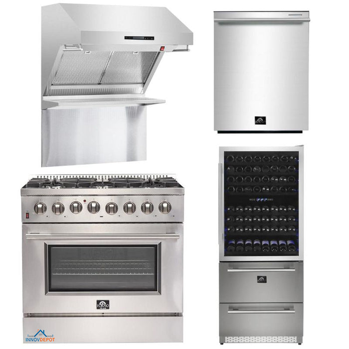 Forno Appliance Package - 36 Inch Gas Range, Wall Mount Range Hood, Microwave Drawer, Dishwasher, FWCDR-FRHWM5029-36