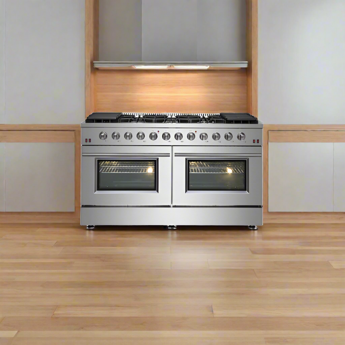 FORNO Maniago 60" Gold Freestanding Dual Fuel Range with 240v Electric Oven - 10 Burners in Stainless Steel - FFSGS6156-60