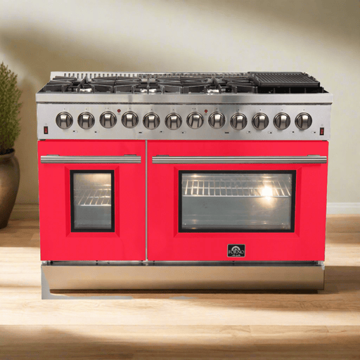 FORNO Galiano - Gold Professional 48" Freestanding Dual Fuel 240V Electric Colored Door Oven Range FFSGS6156-48RED