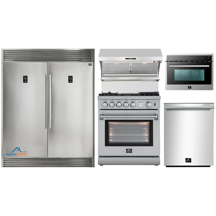 Forno 5-Piece Appliance Package - 30-Inch Gas Range with Air Fryer, 56-Inch Pro-Style Refrigerator, Wall Mount Hood with Backsplash, Microwave Oven, & 3-Rack Dishwasher in Stainless Steel