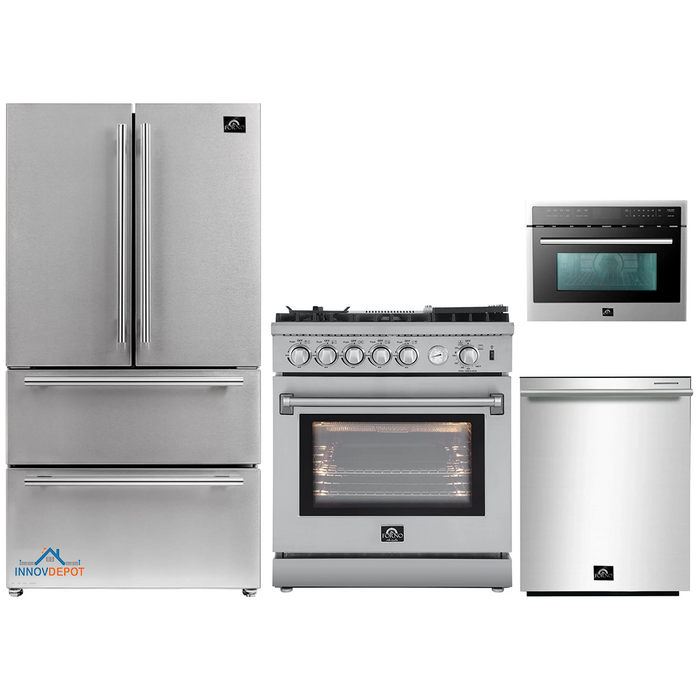 Forno 4-Piece Appliance Package - 30-Inch Gas Range with Air Fryer, Refrigerator, Microwave Oven, & 3-Rack Dishwasher in Stainless Steel