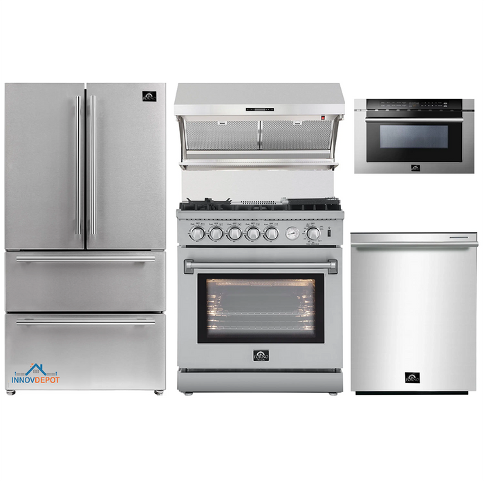 Forno 5-Piece Appliance Package - 30-Inch Gas Range with Air Fryer, Refrigerator, Wall Mount Hood with Backsplash, Microwave Drawer, & 3-Rack Dishwasher in Stainless Steel