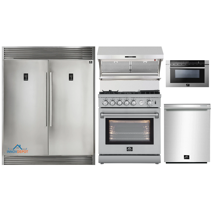 Forno 5-Piece Appliance Package - 30-Inch Gas Range with Air Fryer, 56-Inch Pro-Style Refrigerator, Wall Mount Hood with Backsplash, Microwave Drawer, & 3-Rack Dishwasher in Stainless Steel