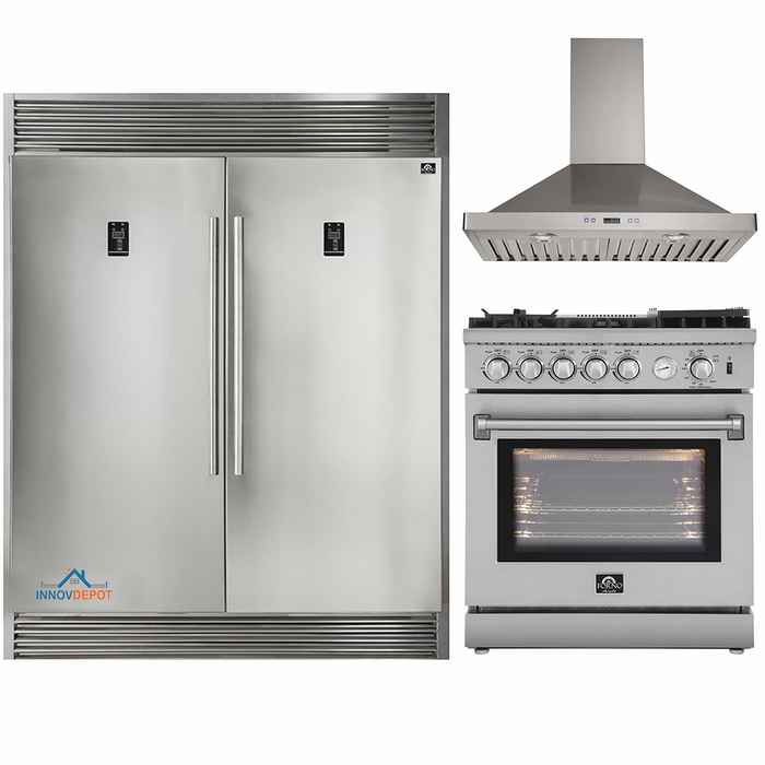 Forno 3-Piece Appliance Package - 30-Inch Gas Range with Air Fryer, 36-Inch Refrigerator & Wall Mount Hood in Stainless Steel