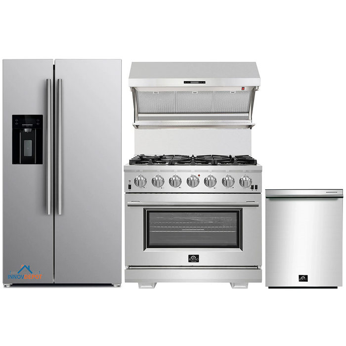 Forno 4-Piece Pro Appliance Package - 36-Inch Gas Range, Refrigerator with Water Dispenser, Wall Mount Hood with Backsplash, & 3-Rack Dishwasher in Stainless Steel