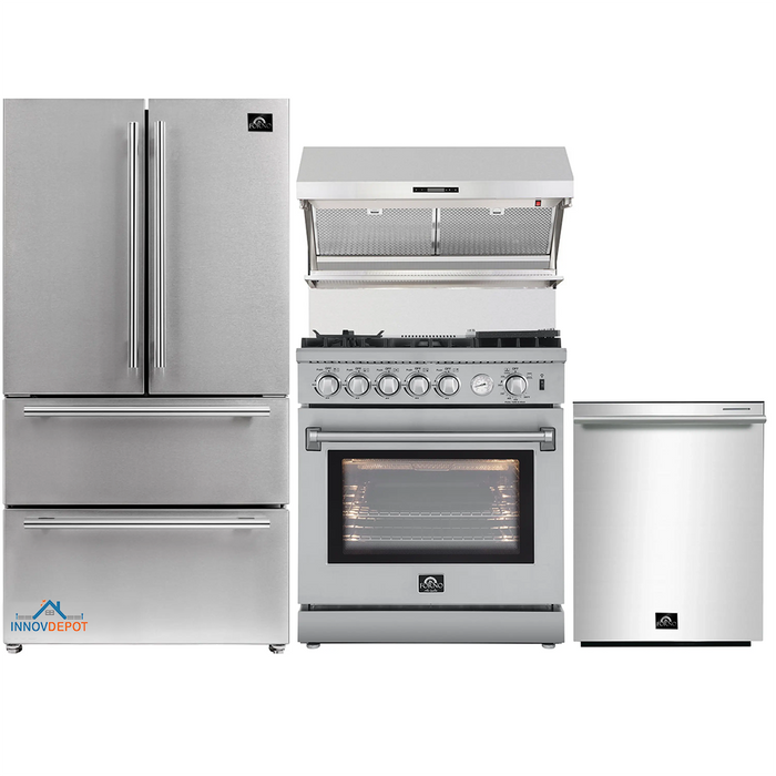 Forno 4-Piece Appliance Package - 30-Inch Gas Range with Air Fryer, Refrigerator, Wall Mount Hood with Backsplash, & 3-Rack Dishwasher in Stainless Steel