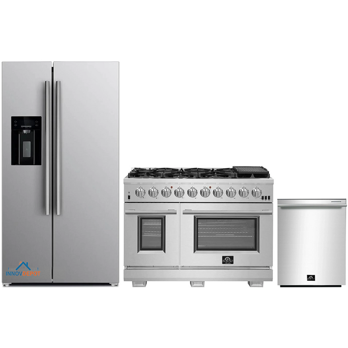 Forno 3-Piece Pro Appliance Package - 48-Inch Gas Range, Refrigerator with Water Dispenser, & Dishwasher in Stainless Steel