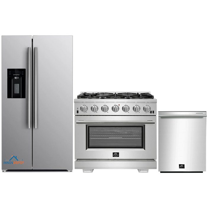 Forno 3-Piece Pro Appliance Package - 36-Inch Gas Range, Refrigerator with Water Dispenser, & Dishwasher in Stainless Steel