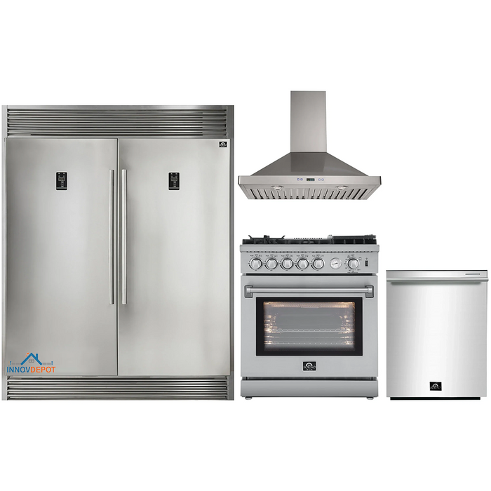 Forno 4-Piece Appliance Package - 30-Inch Gas Range with Air Fryer, 56-Inch Pro-Style Refrigerator, Wall Mount Hood, & 3-Rack Dishwasher in Stainless Steel