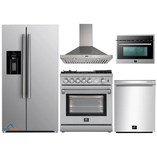 Forno 5-Piece Appliance Package - 30-Inch Gas Range with Air Fryer, Refrigerator with Water Dispenser, Wall Mount Hood, Microwave Oven, & 3-Rack Dishwasher in Stainless Steel