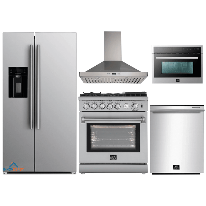 Forno 5-Piece Appliance Package - 30-Inch Gas Range with Air Fryer, Refrigerator with Water Dispenser, Wall Mount Hood, Microwave Oven, & 3-Rack Dishwasher in Stainless Steel