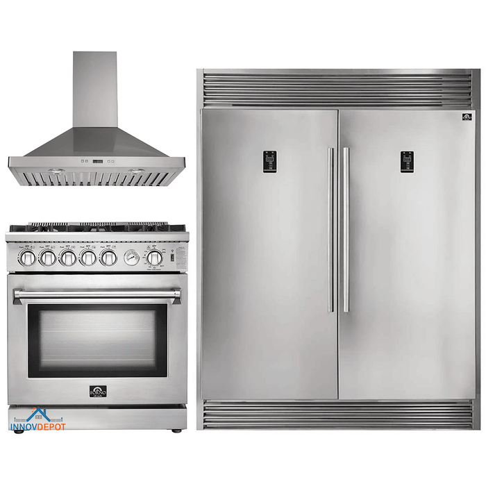 Forno 3-Piece Appliance Package - 30-Inch Gas Range, Pro-Style Refrigerator, and Wall Mount Hood in Stainless Steel