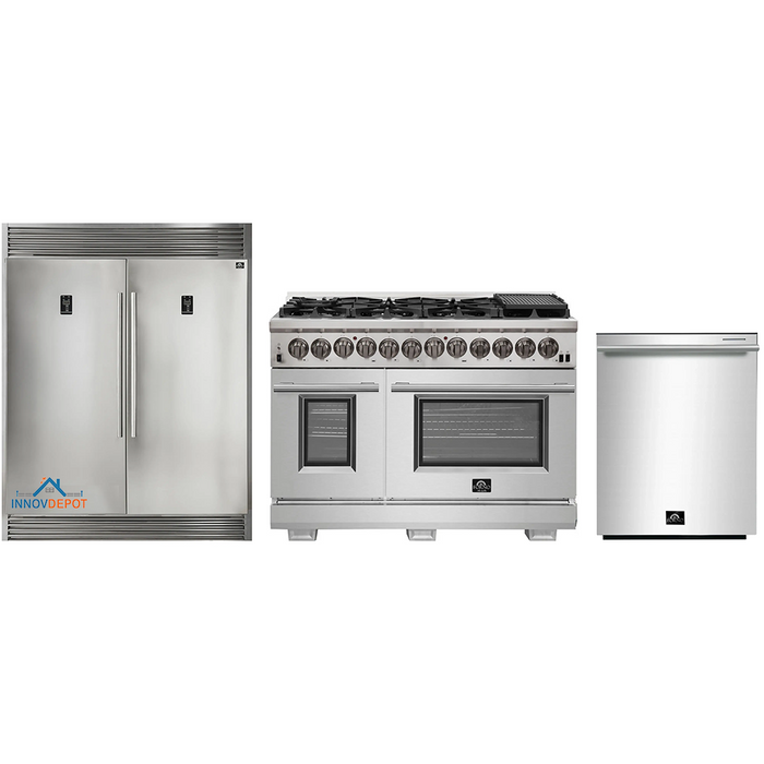 Forno 3-Piece Pro Appliance Package - 48-Inch Dual Fuel Range, Pro-Style Refrigerator, and Dishwasher in Stainless Steel