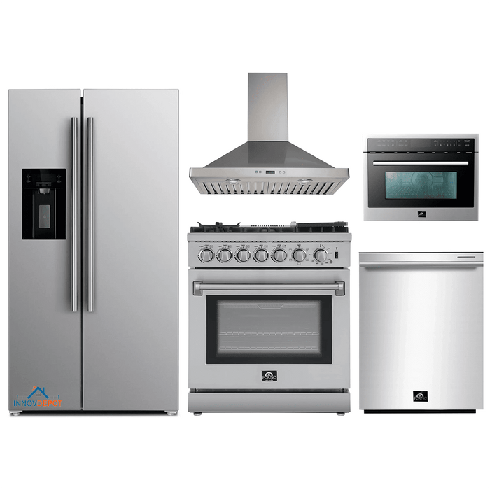 Forno 5-Piece Appliance Package - 30-Inch Dual Fuel Range with Air Fryer, Refrigerator with Water Dispenser, Wall Mount Hood, Microwave Oven, & 3-Rack Dishwasher in Stainless Steel