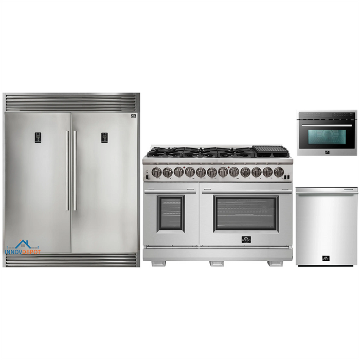 Forno 4-Piece Pro Appliance Package - 48-Inch Dual Fuel Range, 56-Inch Pro-Style Refrigerator, Microwave Oven, & 3-Rack Dishwasher in Stainless Steel