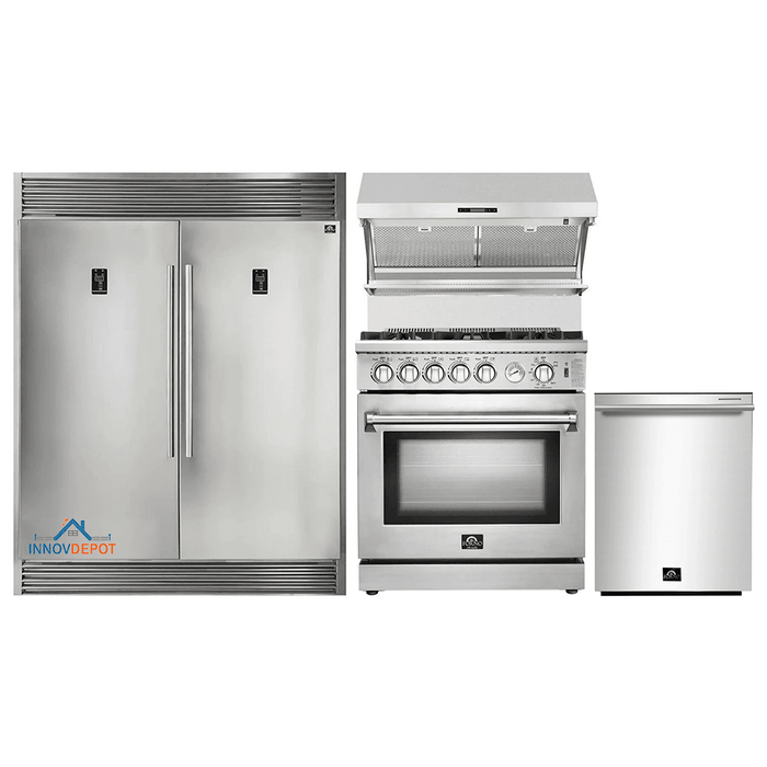 Forno 4-Piece Appliance Package - 30-Inch Gas Range, 56-Inch Pro-Style Refrigerator, Wall Mount Hood with Backsplash, & 3-Rack Dishwasher in Stainless Steel