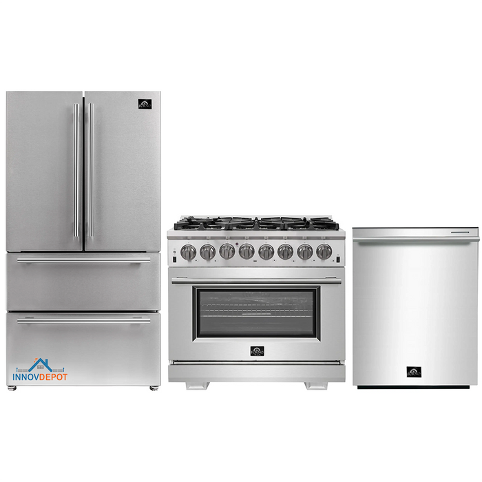 Forno 3-Piece Pro Appliance Package - 36-Inch Dual Fuel Range, French Door Refrigerator, and Dishwasher in Stainless Steel