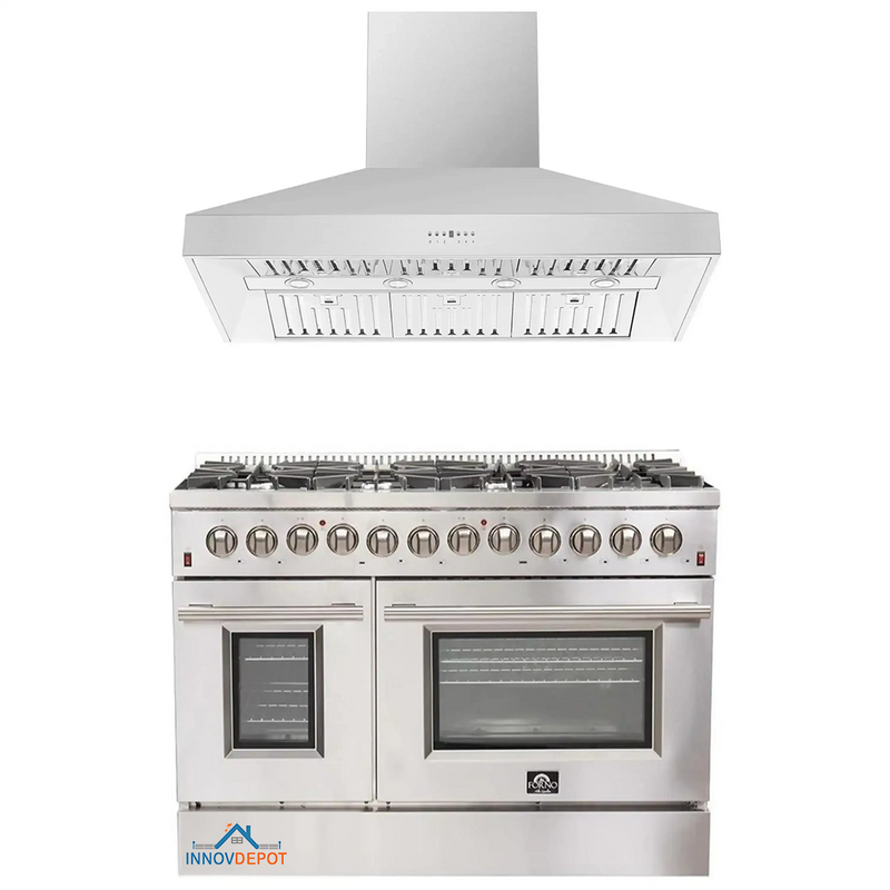 Forno 2-Piece Appliance Package - 48-Inch Dual Fuel Range & Wall Mount Hood in Stainless Steel