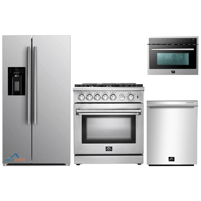 Forno 4-Piece Appliance Package - 30-Inch Gas Range, Refrigerator with Water Dispenser, Microwave Oven, & 3-Rack Dishwasher in Stainless Steel