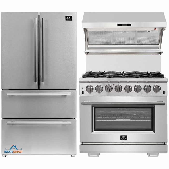 Forno 3-Piece Pro Appliance Package - 36-Inch Dual Fuel Range, 36-Inch Refrigerator & Wall Mount Hood with Backsplash in Stainless Steel