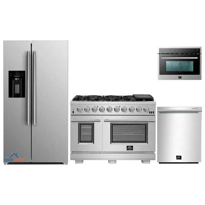 Forno 5-Piece Appliance Package - 48-Inch Gas Range, Refrigerator with Water Dispenser, Wall Mount Hood with Backsplash, Microwave Oven, & 3-Rack Dishwasher in Stainless Steel