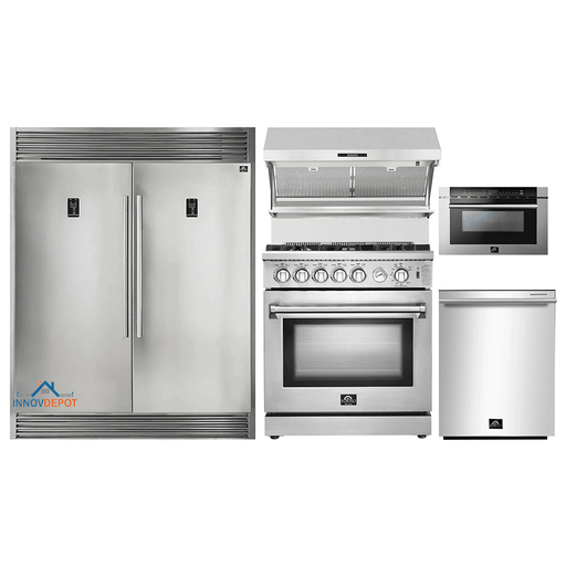 Forno 5-Piece Appliance Package - 30-Inch Gas Range, 56-Inch Pro-Style Refrigerator, Wall Mount Hood with Backsplash, Microwave Drawer, & 3-Rack Dishwasher in Stainless Steel