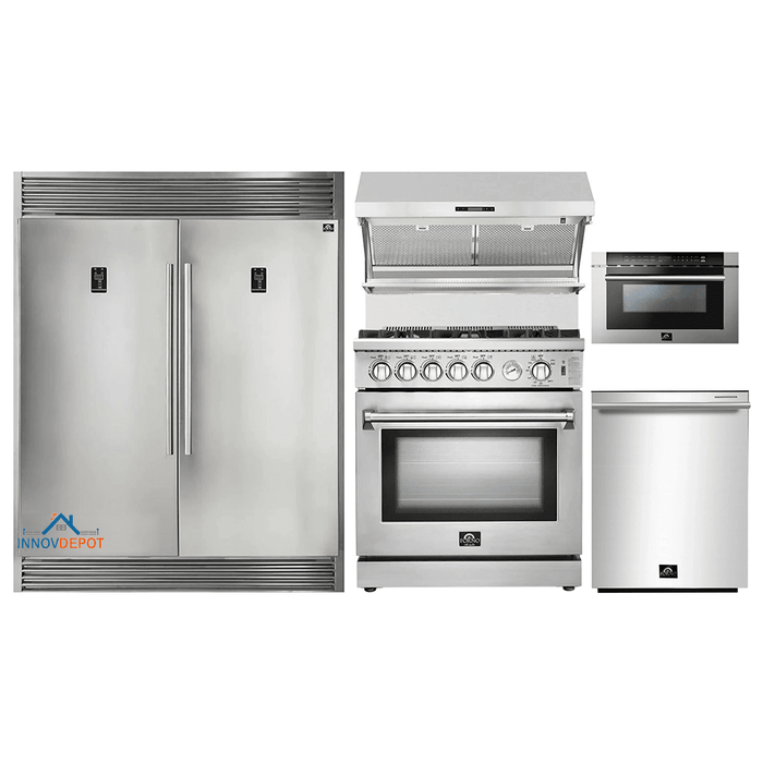 Forno 5-Piece Appliance Package - 30-Inch Gas Range, 56-Inch Pro-Style Refrigerator, Wall Mount Hood with Backsplash, Microwave Drawer, & 3-Rack Dishwasher in Stainless Steel