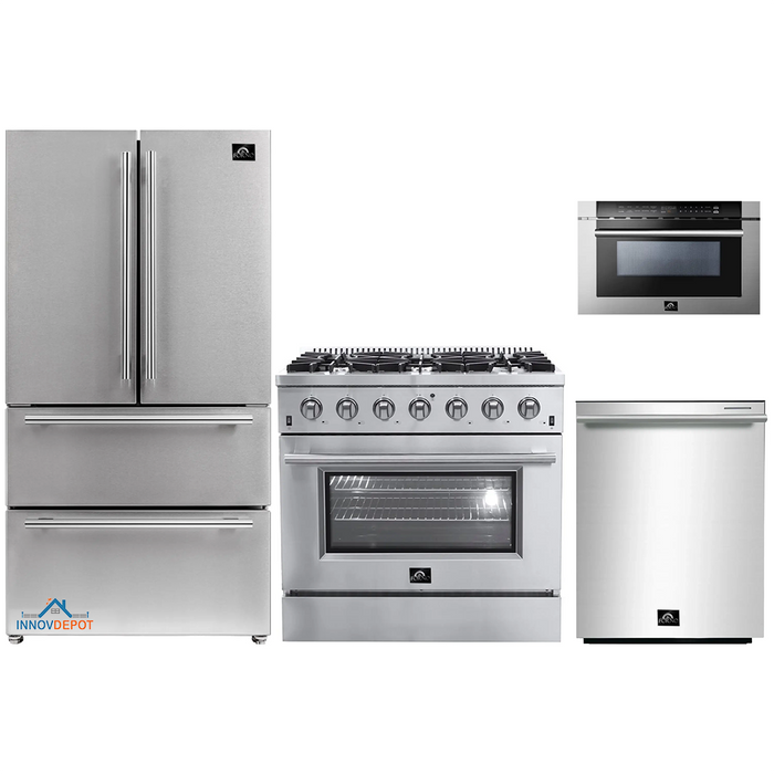 Forno 4-Piece Appliance Package - 36-Inch Gas Range, Refrigerator, Microwave Drawer, & 3-Rack Dishwasher in Stainless Steel