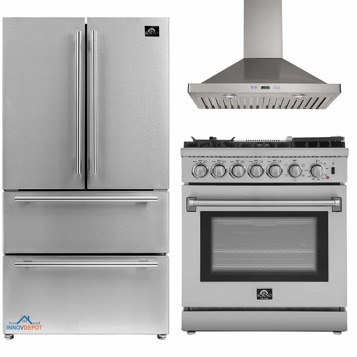 Forno 3-Piece Appliance Package - 30-Inch Dual Fuel Range with Air Fryer, 36-Inch Refrigerator & Wall Mount Hood in Stainless Steel