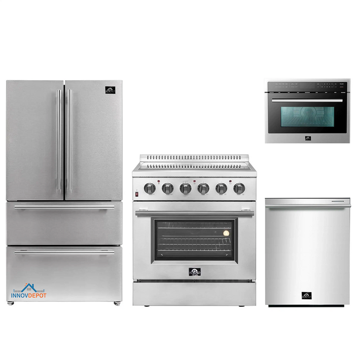 Forno 4-Piece Appliance Package - 30-Inch Electric Range, French Door Refrigerator, Dishwasher, and Microwave Oven in Stainless Steel