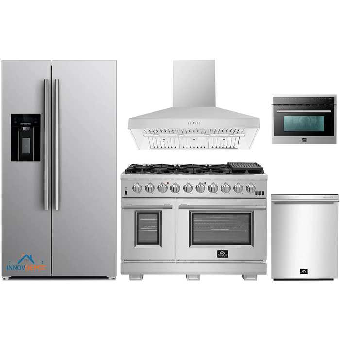 Forno 5-Piece Pro Appliance Package - 48-Inch Gas Range, Refrigerator with Water Dispenser, Wall Mount Hood, Microwave Drawer, & 3-Rack Dishwasher in Stainless Steel