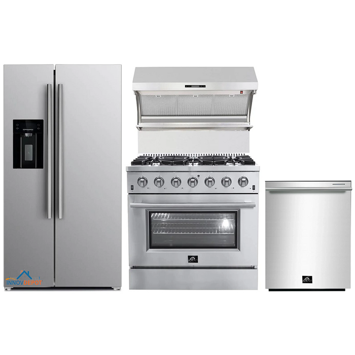 Forno 4-Piece Appliance Package - 36-Inch Gas Range, Refrigerator with Water Dispenser, Wall Mount Hood with Backsplash, & 3-Rack Dishwasher in Stainless Steel