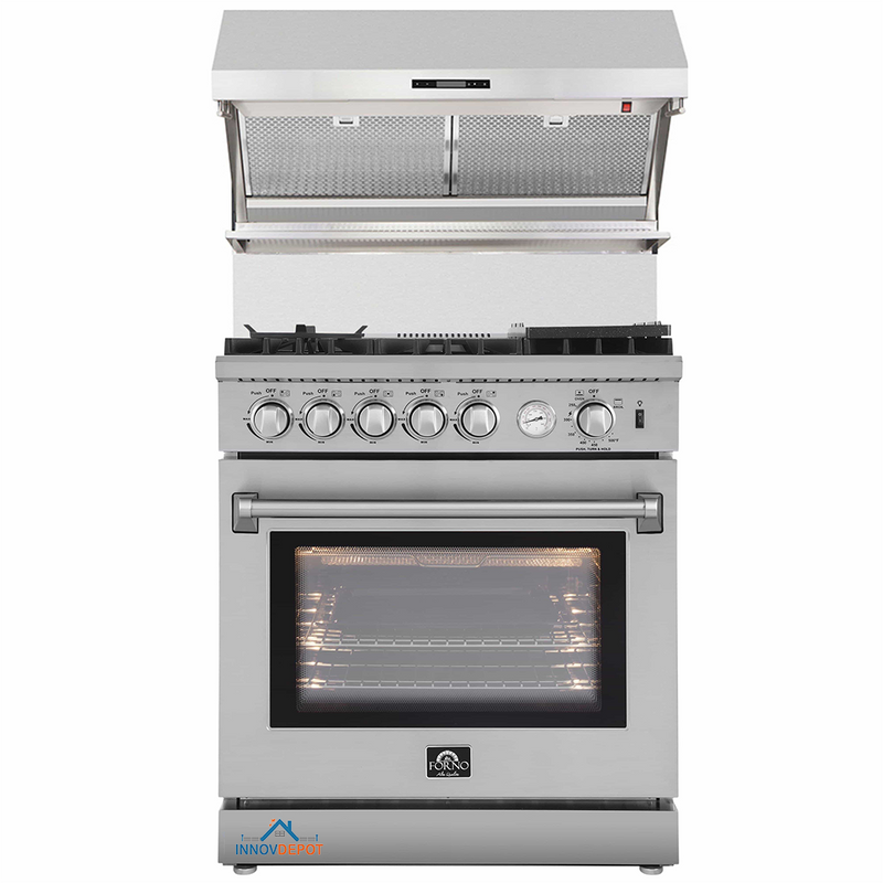 Forno 2-Piece Appliance Package - 30-Inch Gas Range with Air Fryer & Wall Mount Hood with Backsplash in Stainless Steel