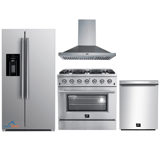Forno 4-Piece Appliance Package - 36-Inch Gas Range, Refrigerator with Water Dispenser, Wall Mount Hood, & 3-Rack Dishwasher in Stainless Steel