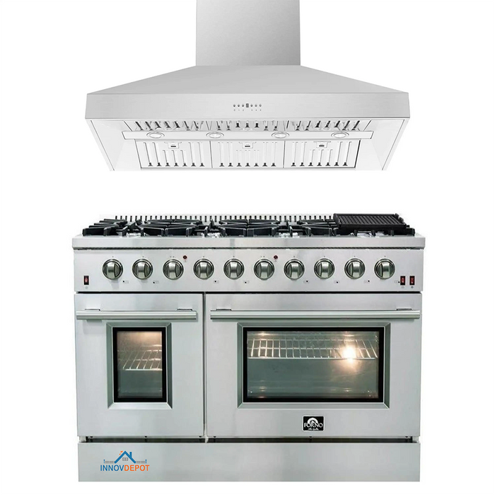 Forno 2-Piece Appliance Package - 48-Inch Gas Range & Wall Mount Hood in Stainless Steel