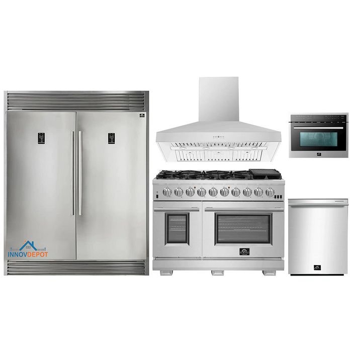 Forno 5-Piece Pro Appliance Package - 48-Inch Gas Range, 56-Inch Pro-Style Refrigerator, Wall Mount Hood, Microwave Oven, & 3-Rack Dishwasher in Stainless Steel