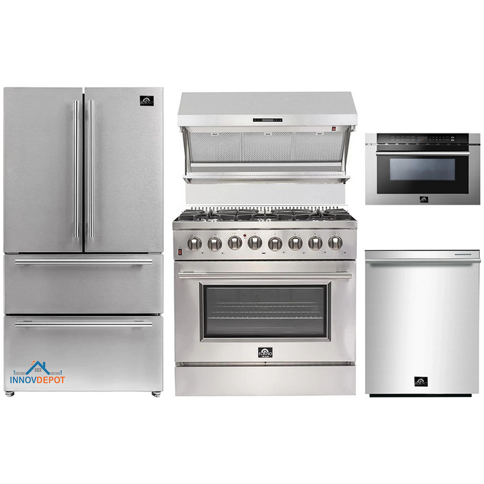 Forno 5-Piece Appliance Package - 36-Inch Dual Fuel Range, Refrigerator, Wall Mount Hood with Backsplash, Microwave Drawer, & 3-Rack Dishwasher in Stainless Steel