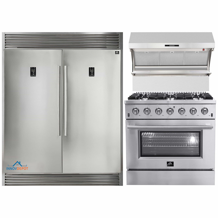 Forno 3-Piece Appliance Package - 36-Inch Gas Range, 56-Inch Pro-Style Refrigerator & Wall Mount Hood with Backsplash in Stainless Steel