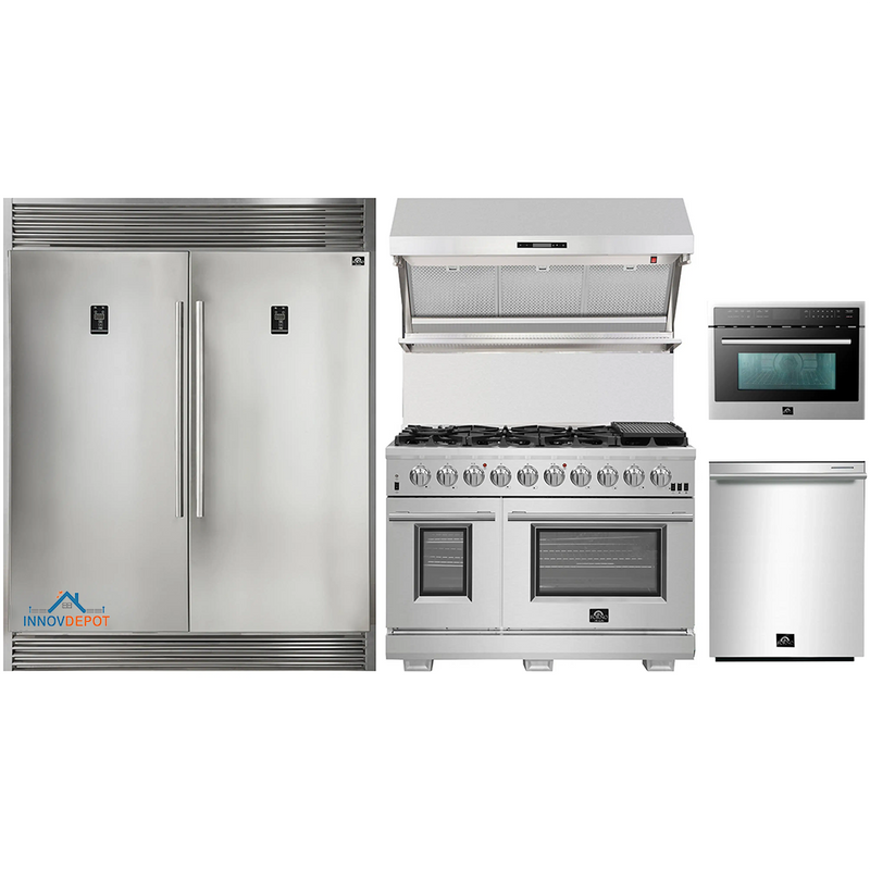 Forno 5-Piece Pro Appliance Package - 48-Inch Gas Range, 56-Inch Pro-Style Refrigerator, Wall Mount Hood with Backsplash, Microwave Oven, & 3-Rack Dishwasher in Stainless Steel