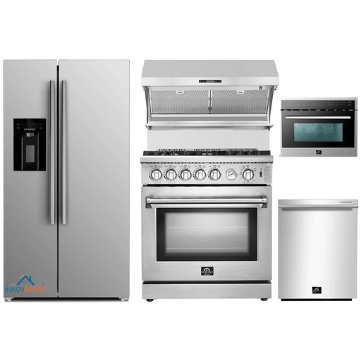 Forno 5-Piece Appliance Package - 30-Inch Gas Range, Refrigerator with Water Dispenser, Wall Mount Hood with Backsplash, Microwave Oven, & 3-Rack Dishwasher in Stainless Steel