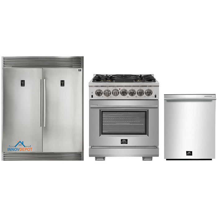 Forno 3-Piece Pro Appliance Package - 30-Inch Dual Fuel Range, Pro-Style Refrigerator, and Dishwasher in Stainless Steel