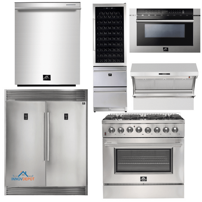 Forno Appliace Package - 36 Inch Dual Fuel Range, Wall Mount Range Hood, Refrigerator, Microwave Drawer, Dishwasher, AP-FFSGS6156-36-8
