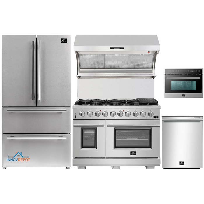 Forno 5-Piece Pro Appliance Package - 48-Inch Gas Range, Refrigerator, Wall Mount Hood with Backsplash, Microwave Oven, & 3-Rack Dishwasher in Stainless Steel