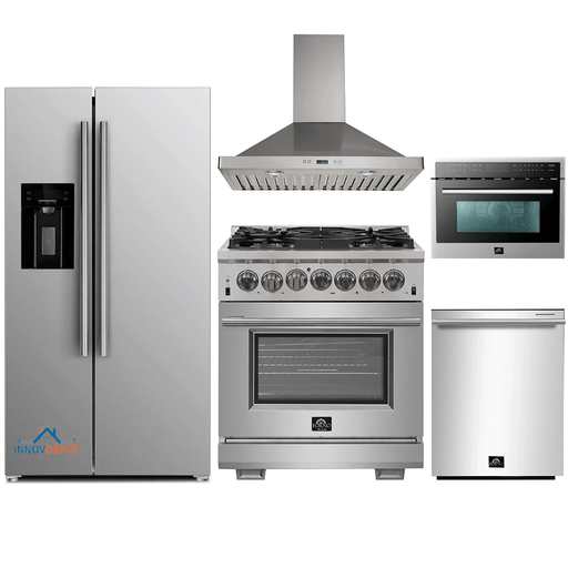 Forno 5-Piece Pro Appliance Package - 30-Inch Dual Fuel Range, Refrigerator with Water Dispenser, Wall Mount Hood, Microwave Oven, & 3-Rack Dishwasher in Stainless Steel