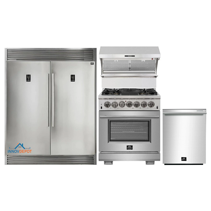 Forno 4-Piece Pro Appliance Package - 30-Inch Dual Fuel Range, Premium Hood, Pro-Style Refrigerator, and Dishwasher in Stainless Steel