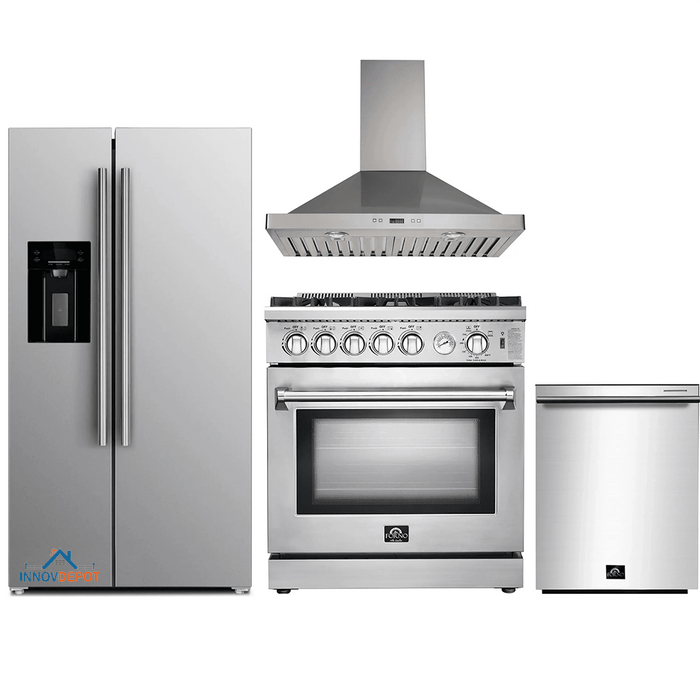 Forno 4-Piece Appliance Package - 30-Inch Gas Range, Refrigerator with Water Dispenser, Wall Mount Hood, & 3-Rack Dishwasher in Stainless Steel